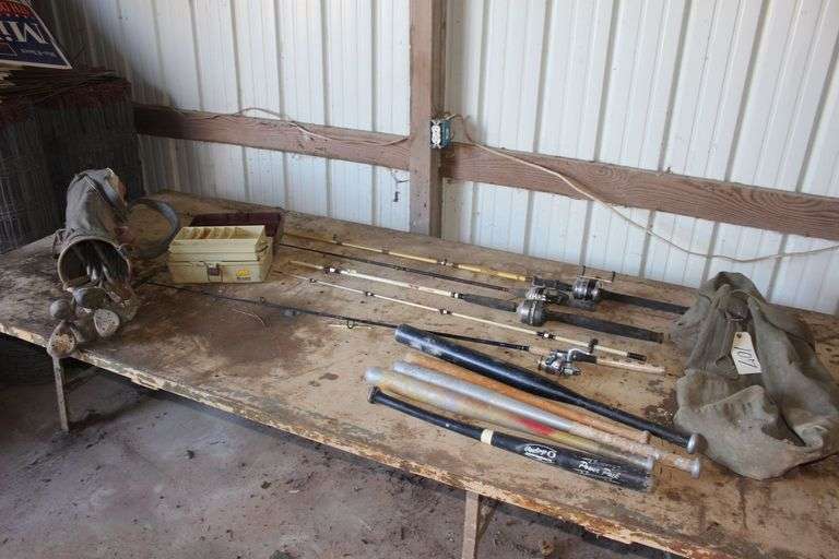 Golf Clubs and Bag, (3) Metal Baseball Bats, (2) Wooden Baseball Bats, Army Bag, Tackle Box, Zebco, Shock, and Misc. Fishing Rod and Reels image