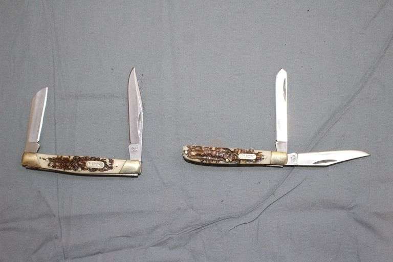 Buck 381 Small Trapper 2 Blade Pocket Knife, Buck 372 Stockman 2 Blade Pocket Knife, and Tin Case image