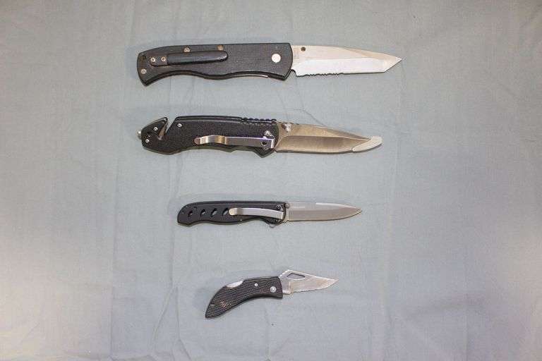 Smith and Wesson Utility Knife, Rostfrei Lock Back Single Blade Pocket Knife, and (2) Single Blade Locking Pocket Knives image