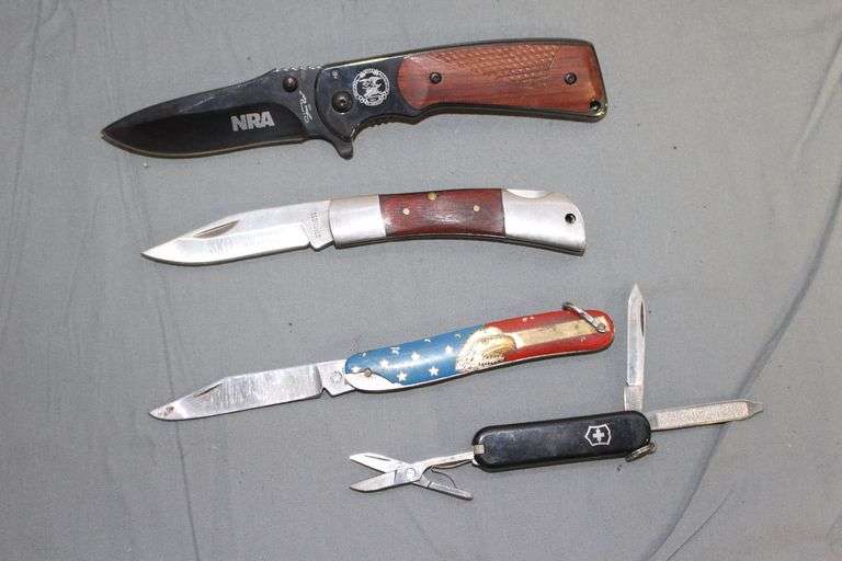 NRA Locking Single Blade Pocket Knife, United Single Blade Pocket Knife, NRA Lock Back Single Blade Pocket Knife, and Swiss Keychain Pocket Knife image