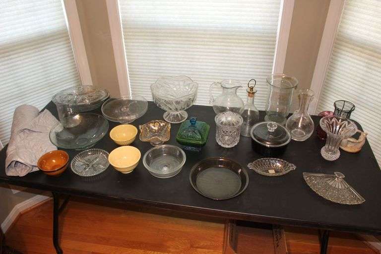 Glass Dishware, Vases, Pie Plate, Candy Dishes, Cake Plate, Pitcher, and Misc. image