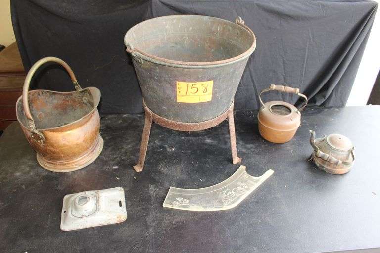 Brass Pot with Stand, Copper Coal Bucket, Copper Kettle and Teapot image