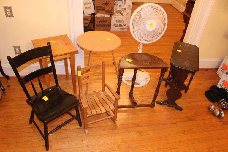 Wooden End Table, Half Moon Side Table, Wooden Chair, Small Rocking Chair, Magazine Rack End Table, Circular Table, and Electric Fan image