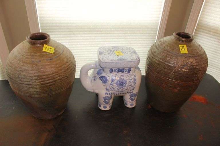 (2) Stones Vases and Ceramic Elephant image