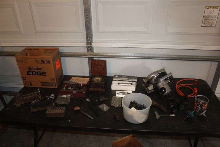 Craftsman 7 Inch Circular Saw, Sunico 1/4 Inch Die Grinder, Compass, Hole Saw Blades, Chicago Cordless Die Grinder, Taps, Vise, Wire Brushes, and Misc. image