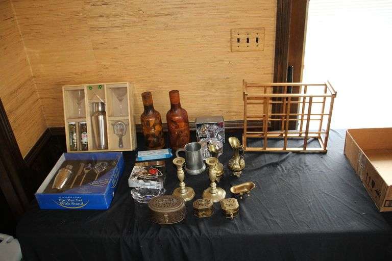 (2) Bar Sets, Candy Dishes, Metal Jewelry Boxes, Candle Stands, Wine Bottle Rack, Metal Mug, Wooden Vases, and Metal Clothespin image