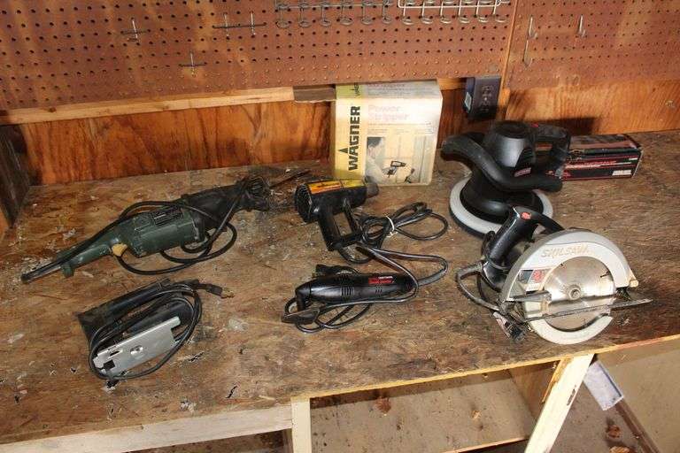 Skilsaw Circular Saw, Wagner Heat Gun, Craftsman 10 In. Buffer, Craftsman Detail Sander, Black and Decker Jig Saw, and Quantum Reciprocating Saw image