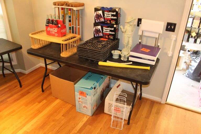 Serving Tray, Croquet Set, (7) Full Bottles of Coca Cola, Heated Seat Cushions, Statue, Seats, Plastic Stackers, Toilet Paper Holder, and Misc. image