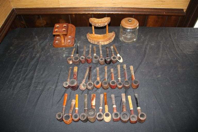 (2) Pipe Stands, Humidor, and (30) Pipes image