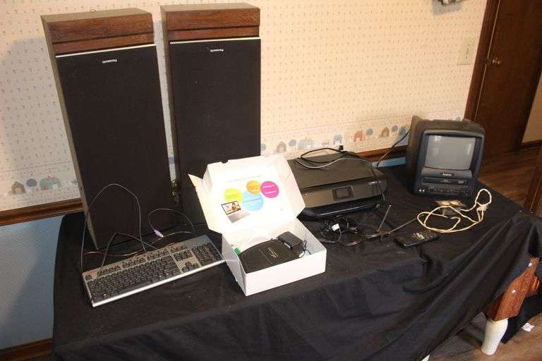 (2) Standing Panosonic Stereo Speakers, Symphonic Box TV, HP Printer, and Misc. image