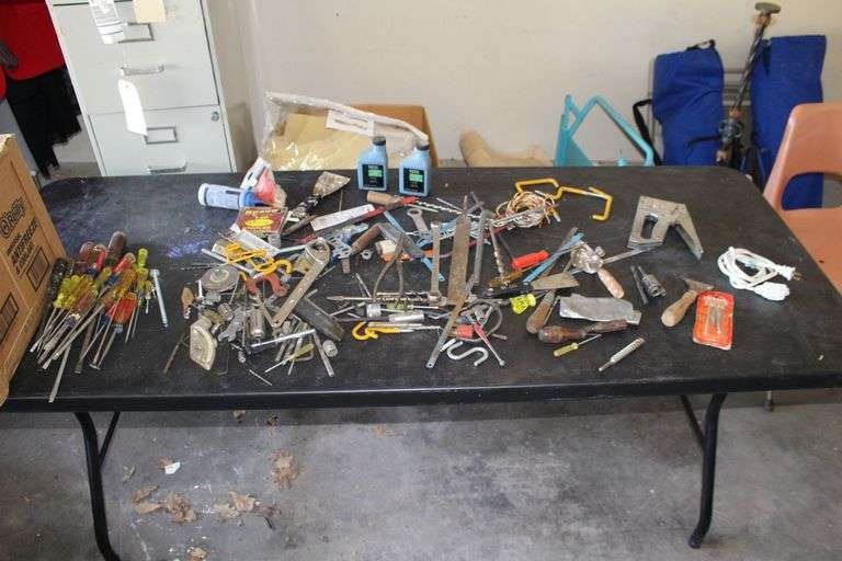 Screwdrivers, Staple Gun, Drill Bits, Masonry Tools, Wrenches, Hooks, Files, Universal 2 Cycle Engine Oil, and Misc. image