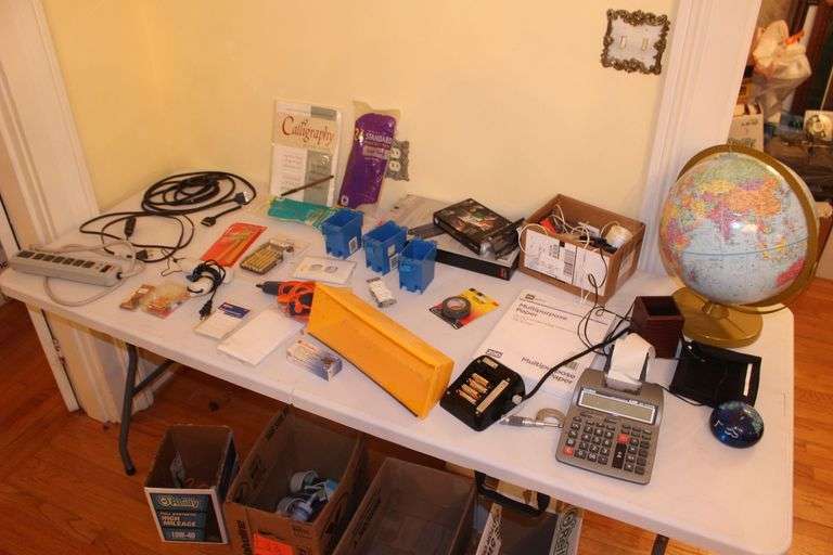 Casio Adding Machine, Power Strips, Hot Glue Guns, Staples, Electrical Boxes, Thumb Tacks, Electrical Tape, Precision Screwdriver Set, Globe, and Misc. image