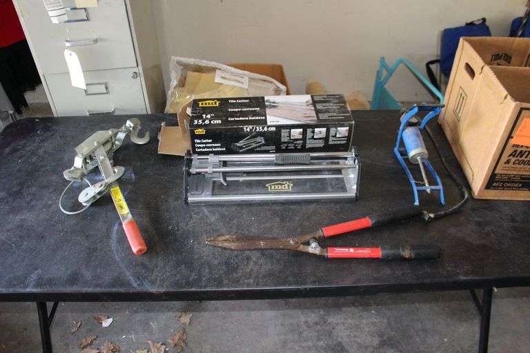 Pruners, Come-Along, 14 In. Tile Cutter, and Foot Operated Air Pump image