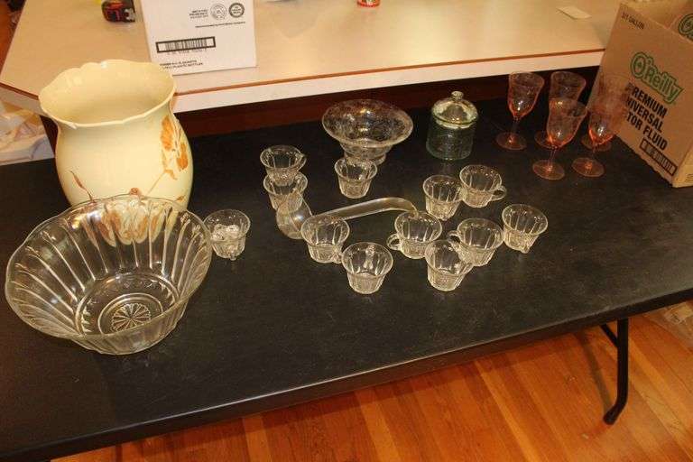 Punch Bowl Set, Vase, Candy Jars, Wine Glasses, and Misc. image