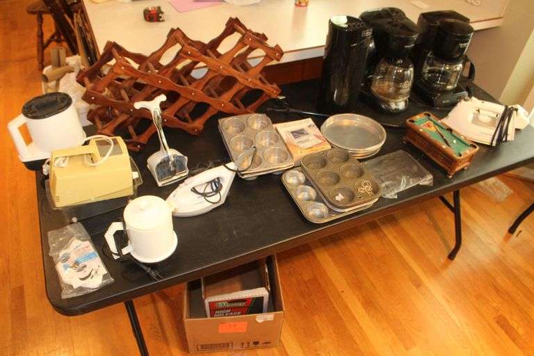 Coffee Pots, Iron, Heater, Wine Rack, Muffin Pans, Ice Crusher, Pie Pans, and Misc. image