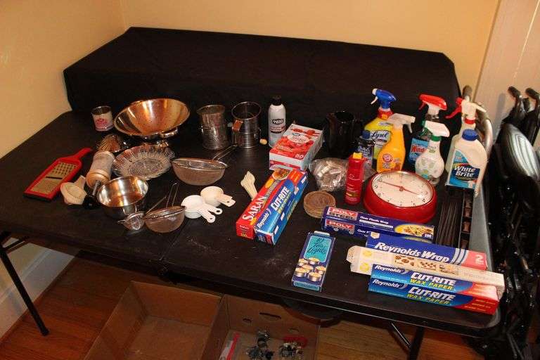 Strainers, Vegetable Steamers, Sifters, Grader, Measuring Utensils, Wax Paper, Reynolds Wrap, Clock, Cookie Cutters, and Misc. Cleaning Supplies image
