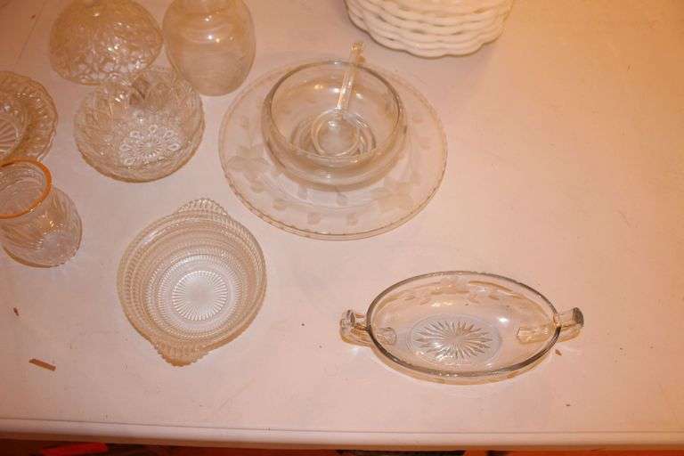 Glass Snack Plate and Cup, Candy Dishes, Milk Glass Serving Plates, Trivets, Lightbulbs, and Misc. Glassware