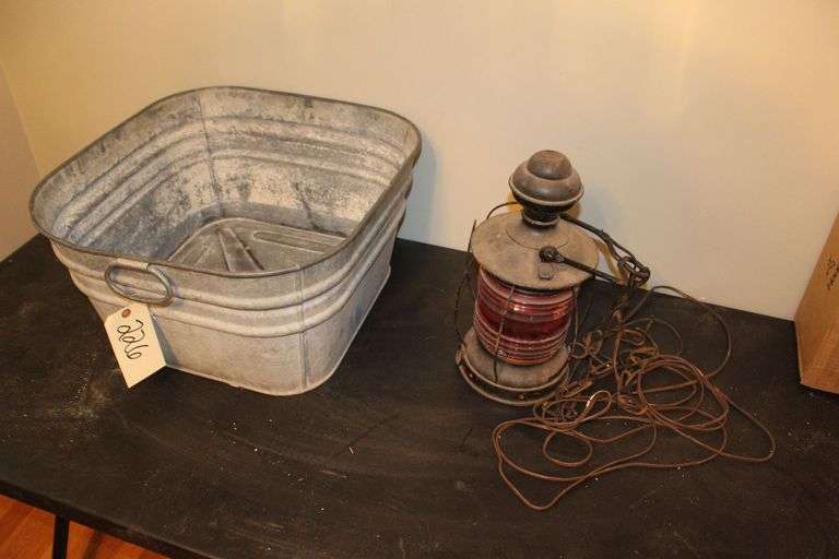 Square Galvanized Wash Tub and Electric Railroad Type Lantern image
