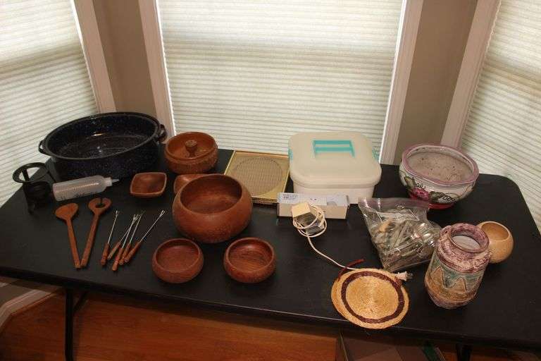 Wooden Bowls, Utensils, Roaster, Bowls, and Misc. image