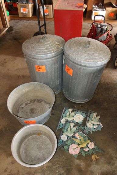 (2) Metal Trash Cans, Metal Wash Tub, Metal Bowl, Decorative Shelf Racks, and Bird Seed image