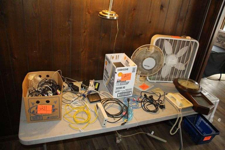 Box Fan, Welly Regulator Wall Clock, Bionaire Fan, HDMI Cord, AV Cords, GTE Telephone, Cable Cords, and Misc. image