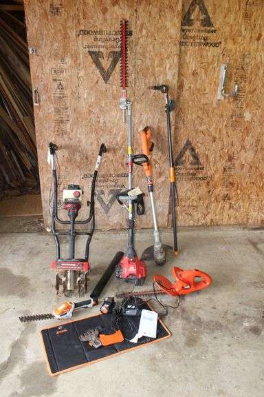 Yard Machine 31cc Garden Tiller, Craftsman Hedge Trimmer, STIHL HSA 26 Battery Powered Shrub Shears with Attachments and Charger, Black and Decker Hedge Trimmer, Black and Decker 20V Edge Trimmer, and Power Stroke Pruner image