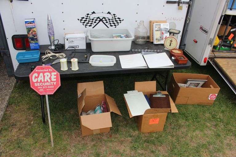 3 Ring Binders, Lava Lamp, Aladdin Quart Thermos, Apple Peeler, Hanson Scale, Brownstone Clock, Vases, and Misc. image