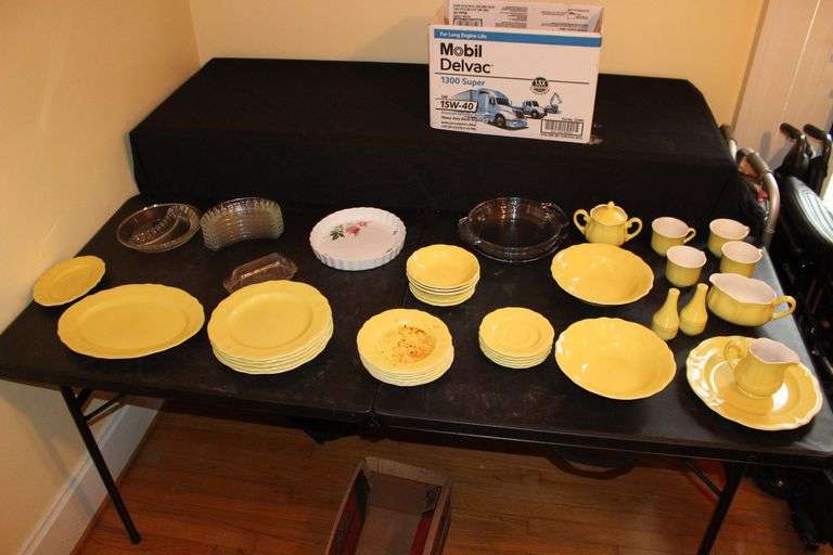 Buttercup Federalist Ironstone Plates, Serving Plate, Saucers, Bowls, Salt and Pepper Shakers, Gravy Boat, Banana Split Dishes, Butter Tray, and Anchor Glass Baking Dishes image