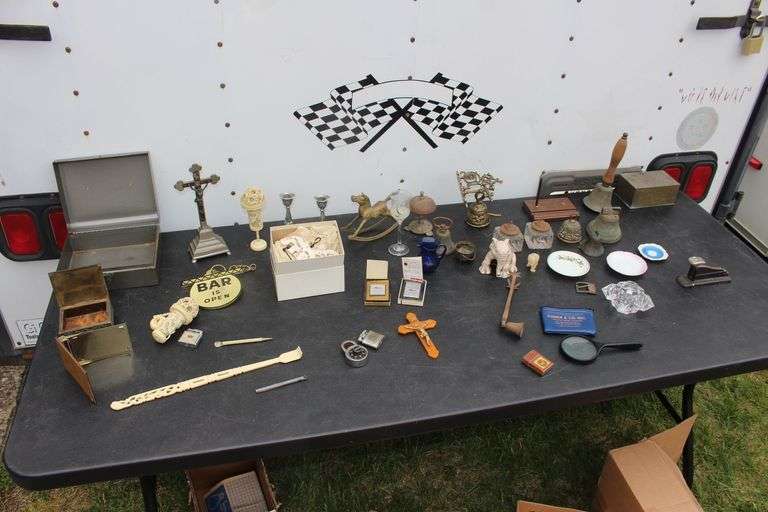 Metal Bells, Metal Box, Decorative Plates, Lighters, Candle Stands, Bar is Open Sign, Figurines, and Misc. image