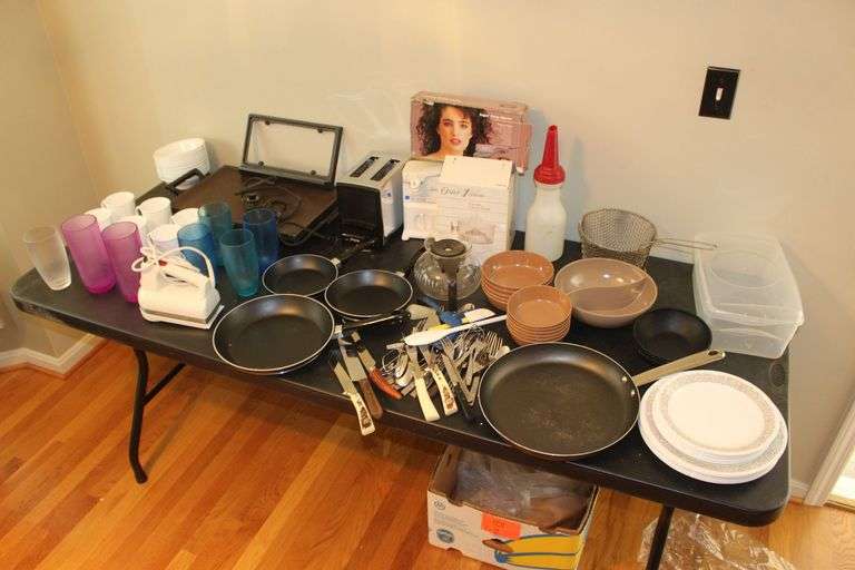 Plates, Bowls, Toaster, Grill, Glasses, Silverware, Pans, Mixer, and Misc. image
