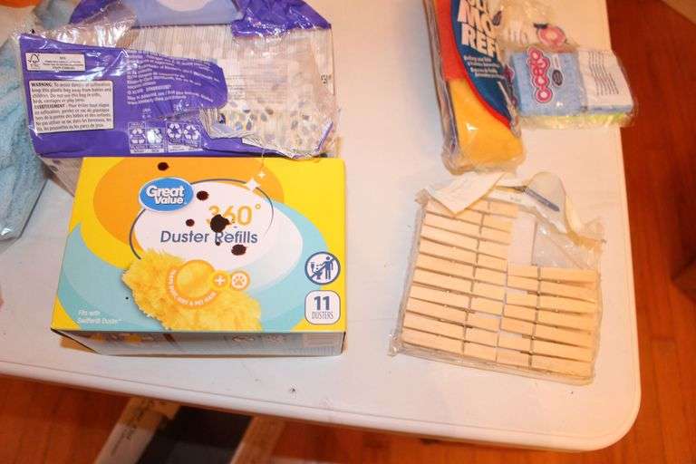 Duster Refills, Microfiber Towels, Clothespins, Multi Surface Cleaner, Starch, Oil Soap, and Misc. Cleaning Supplies