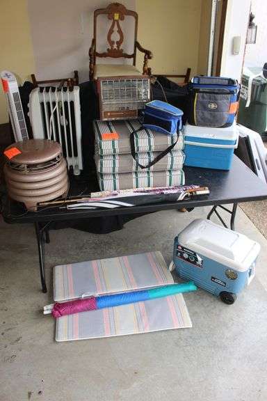 Rubbermaid and Igloo Coolers, Aries Fan, (2) Electrical Heaters, (2) Soft Shell Coolers, (5) Umbrellas, Seat Cushions, and Metal Fan image