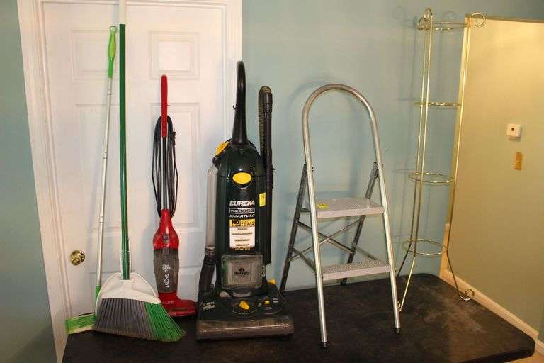 Eureka Smart Vacuum, Swiffer, Broom, Dust Pan, Step Stool, Plant Hanging Stand, and Dirt Devil Vacuum image