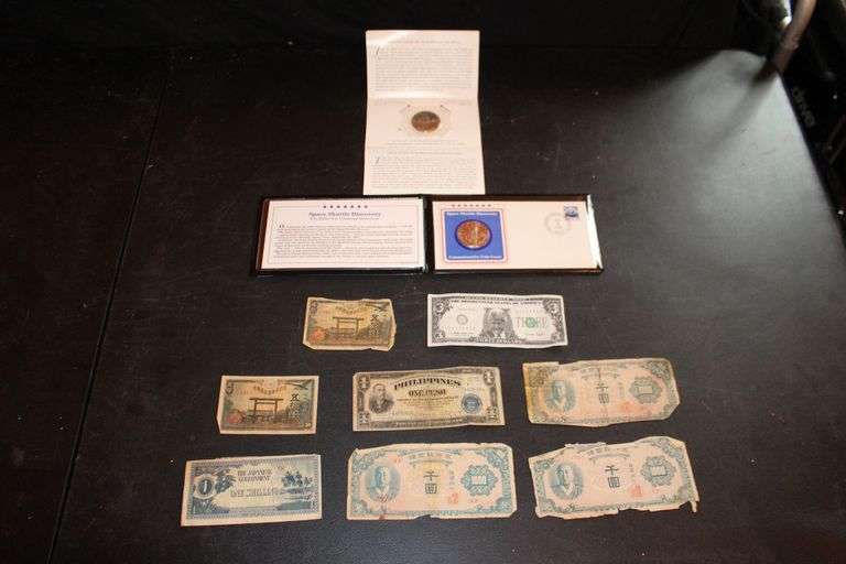 Space Shuttle Discovery Commemorative Coin, Japanese Paper Money, Philippines 1 Dollar Bills, and 3 Dollar Bill image
