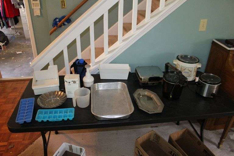 Fry Daddy, Rival Crock Pots, Electrical Can Opener, Dicer, Baking Pan, Dominion Waffle Maker, Ice Trays, and Misc. image