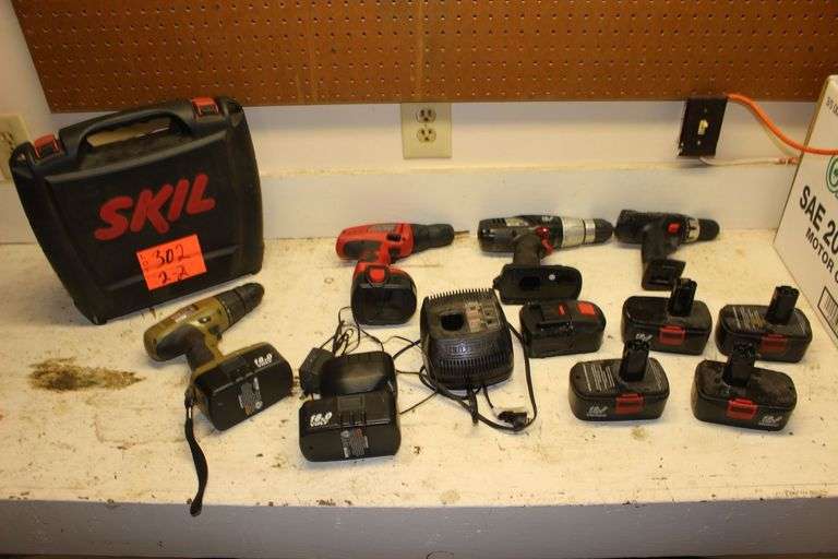 Drill Master Drills with Battery Charger, Batteries, Craftsman Drill, and Skil Drill with Charger image