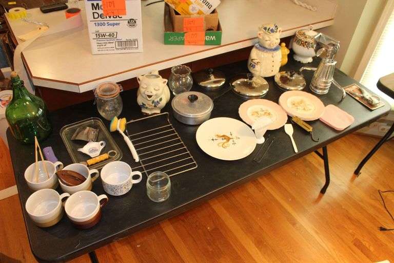 Cookie Jars, Decor Plates, Lime Squeezer, Soup Cups, Pots, Pans, Jug, and Misc. image
