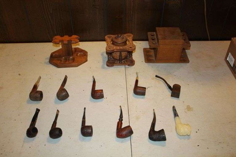 (3) Pipe Stands, (2) Humidors, and (11) Pipes image