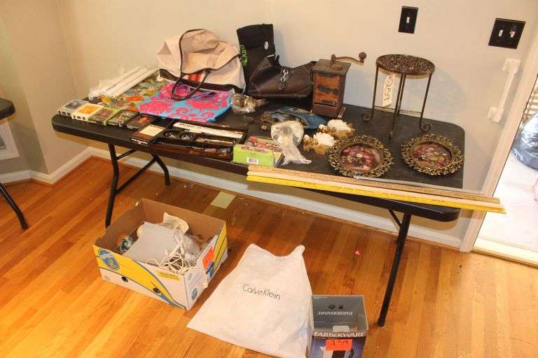 Coffee Grinder, Wall Hangings, Purse, Carry Bags, Eight Track Tapes, Office Supplies, and Misc. image