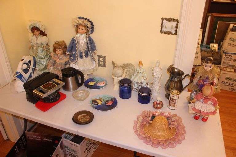 Jeanie Rub Massager, Electric Iron, Porcelain Dolls, Decorative Plates, Candy Dish, Figurines, Kewpie Doll, and Misc. image