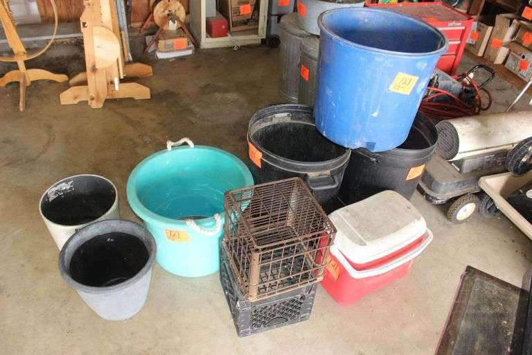 (2) 22 Gallon Trash Cans, Metal and Plastic Milk Crate, (2) Plastic Tubs, (2) Flower Pots, and Igloo Cooler image