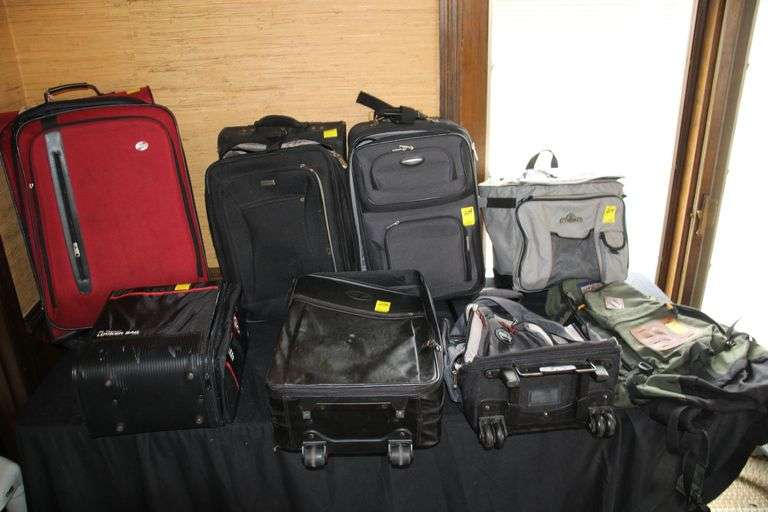Various Sized Suitcases, Locker Bag, Backpacks, and Delta Frozen Soft Shell Cooler on Wheels image