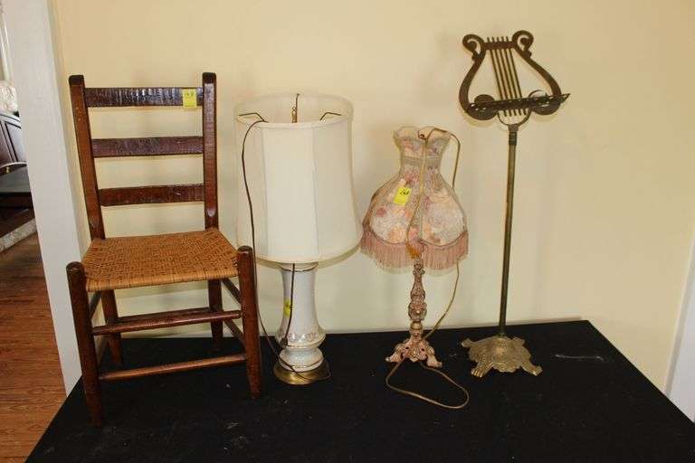 (2) Lamps, Wicker Bottom Ladder Back Chair, and Harp Music Stand image