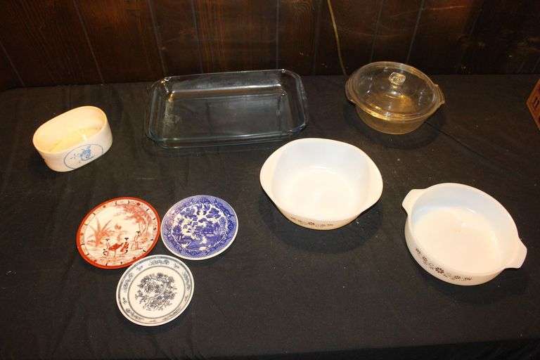 Baking Pan, Decorative Saucers, and Fire King Glass Bowl with Lid image