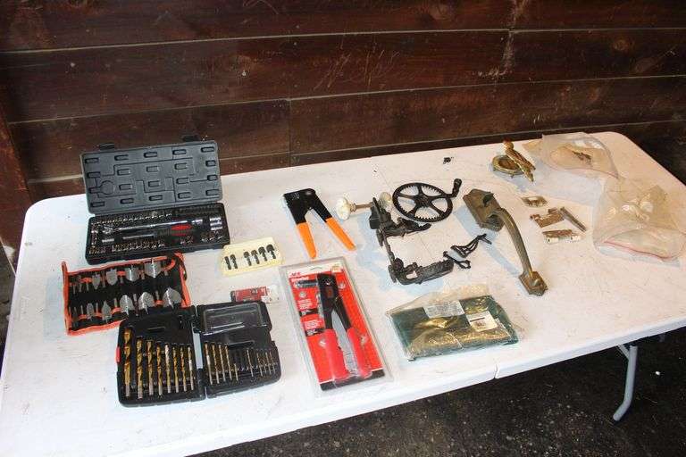 Riveters, Drill Bits, Paddle Bits, 1/4 In. and 3/8 In. Drive Sockets Set, Door Handle, Hinges, and Misc. image