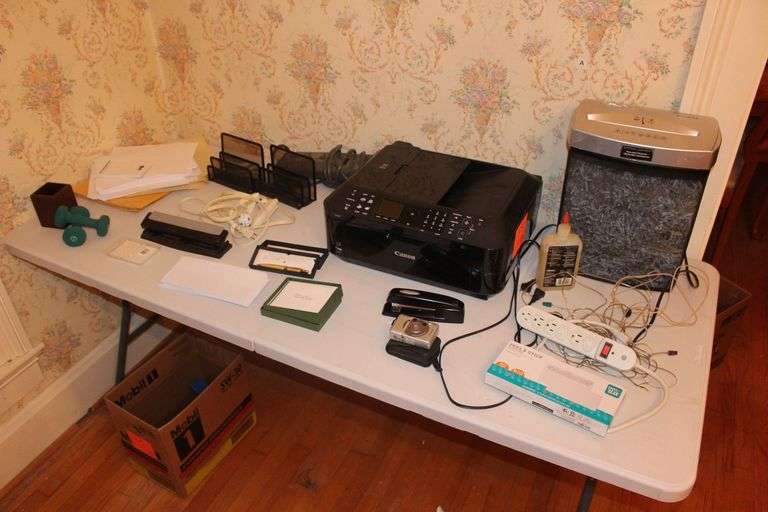 Canon MX420 Printer, Fellowes Paper Shredder, 3 Hole Punch, Power Strip, Copy Paper, Electrical Wire, File Dividers, and Misc. image