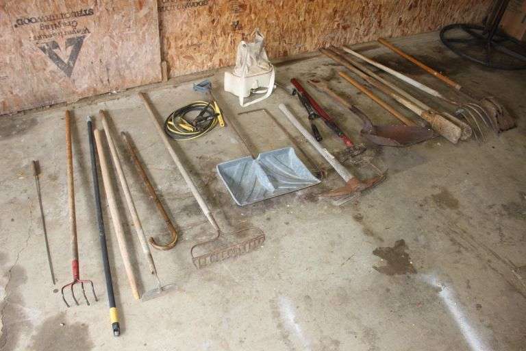Rake, Garden Hoe, Scoop Shovel, Snow Shovel, Shovel, Seed Spreader, Post Hole Diggers, Water Shut Off, Double Bit Axe, Split Maul, Pick Axe, and Misc. Hand Tools image