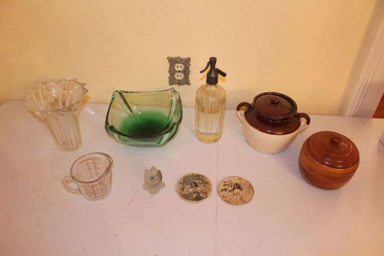 McCoy Pot with Lid, Vase, Coasters, Anchor 2 Cup Mixing Glass, Wooden Canister with Lid, Schweppes Seltzer Soda Water Glass, and Misc. image