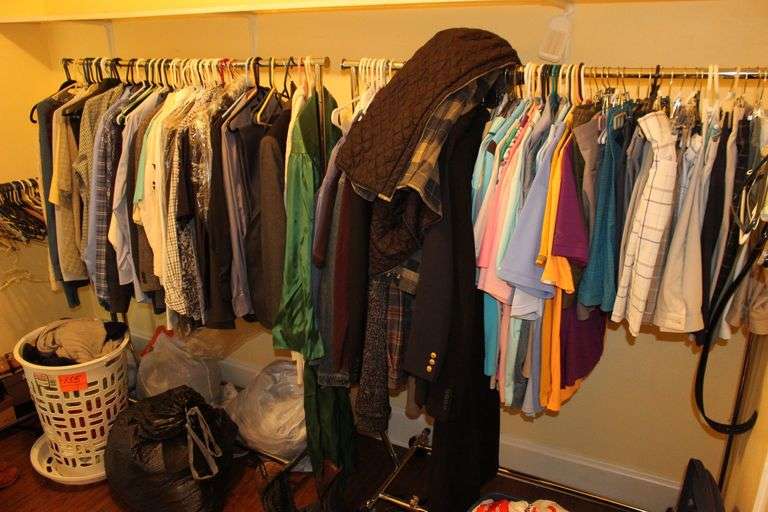 Dress Shirts, Suit Jackets, Jackets, Shorts, Sweaters, Ties, Boots, Pillows, Bedspread, (3) Clothes Racks, and Misc. image