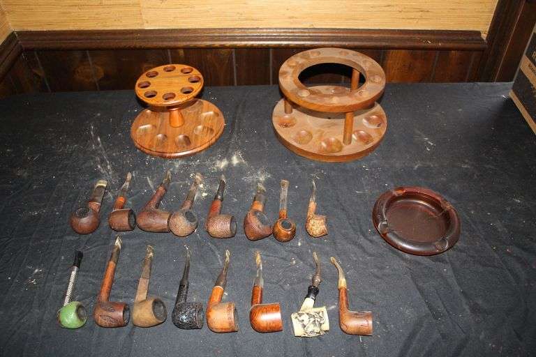 (2) Pipe Stands, (16) Pipes, and Ash Tray image
